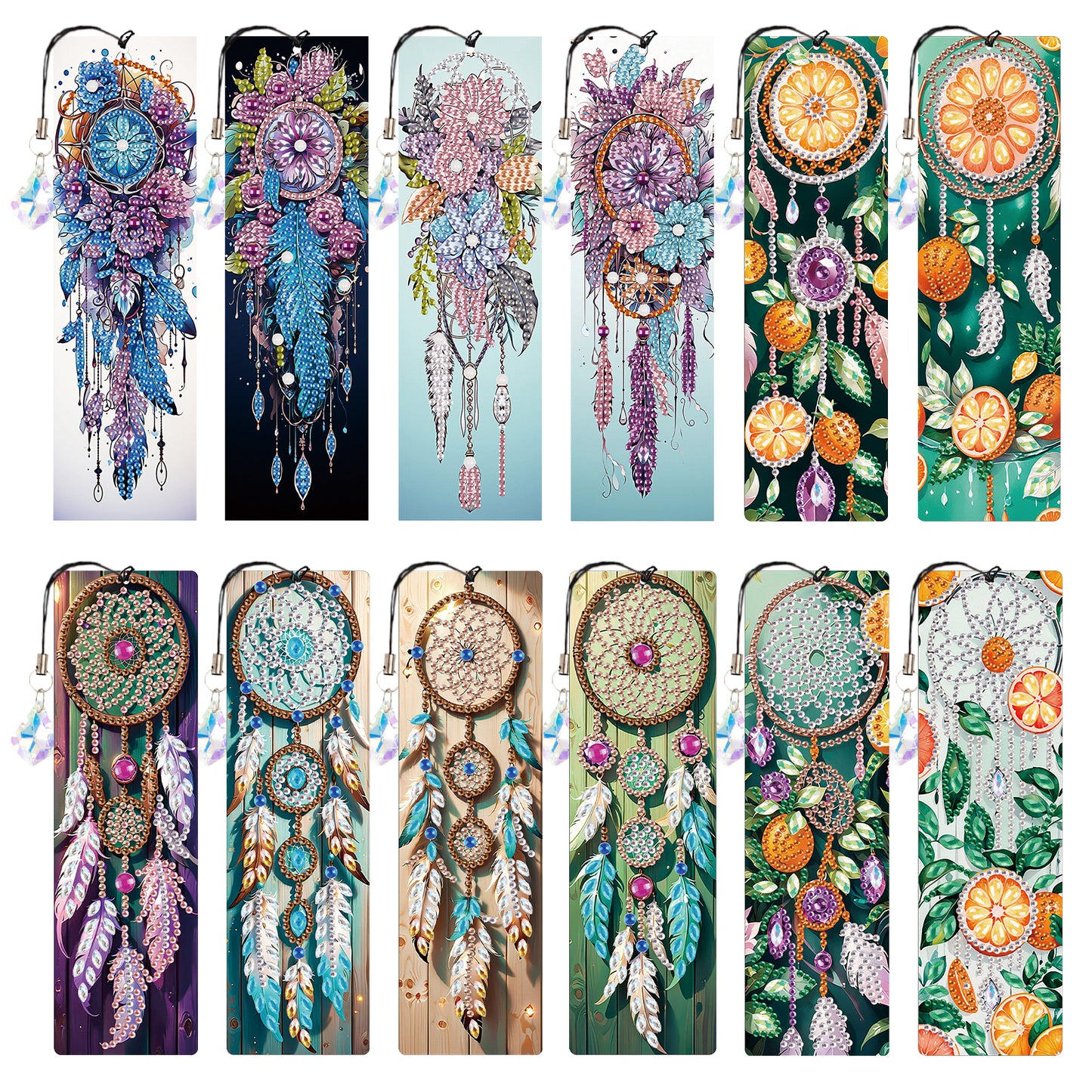 12Pcs Dreamcatcher DIY Diamond Painting Bookmark with Crystal Pendant Decor