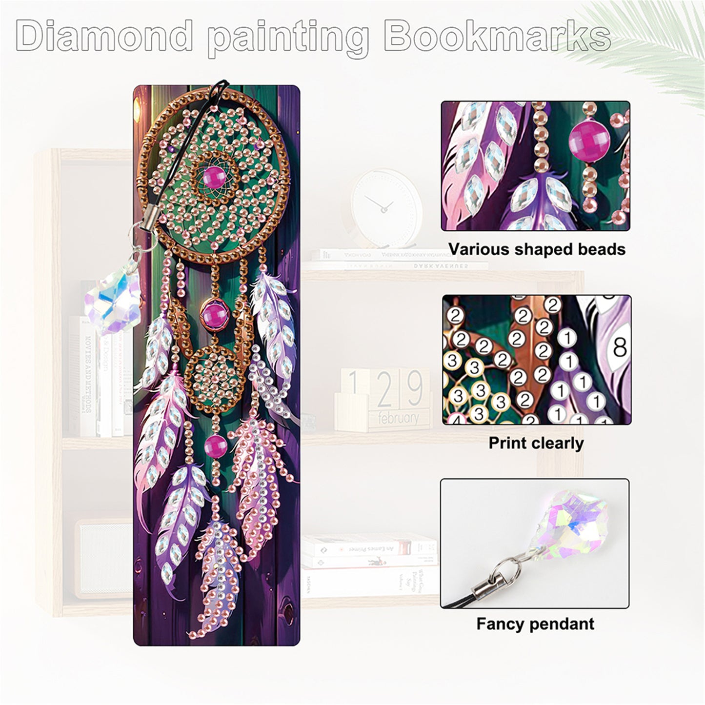 12Pcs Dreamcatcher DIY Diamond Painting Bookmark with Crystal Pendant Decor