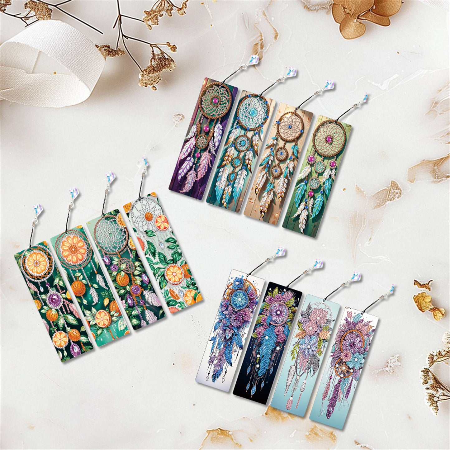 12Pcs Dreamcatcher DIY Diamond Painting Bookmark with Crystal Pendant Decor