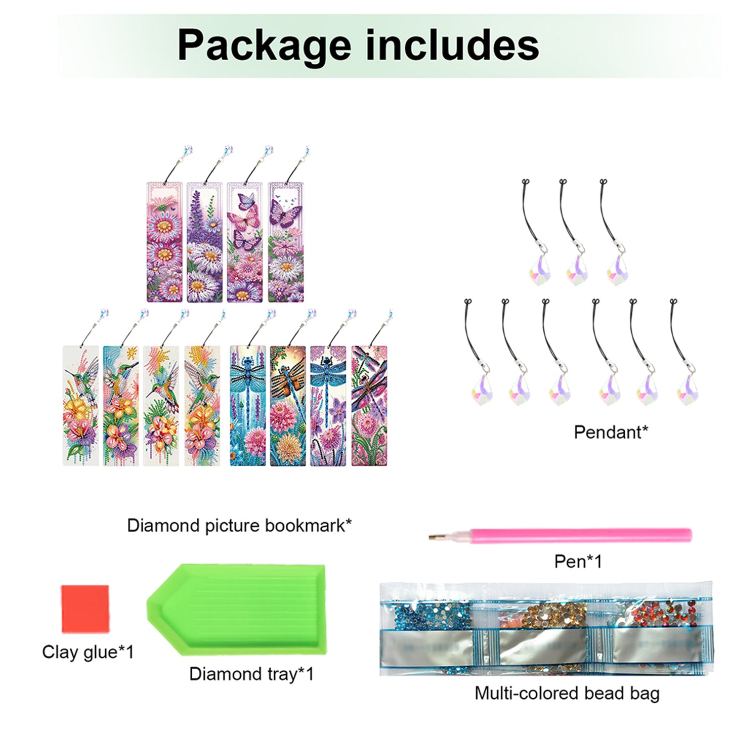 12Pcs Dragonfly DIY Diamond Painting Bookmark with Crystal Pendant for Readers