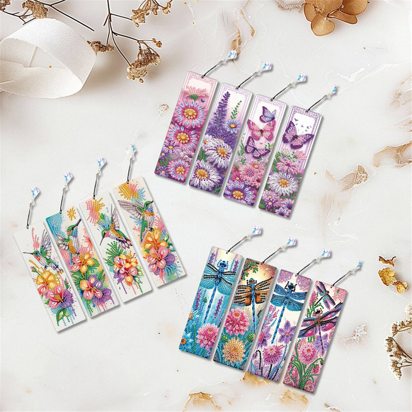 12Pcs Dragonfly DIY Diamond Painting Bookmark with Crystal Pendant for Readers