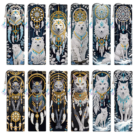 12Pcs Animals DIY Diamond Painting Bookmark with Crystal Pendant for Readers