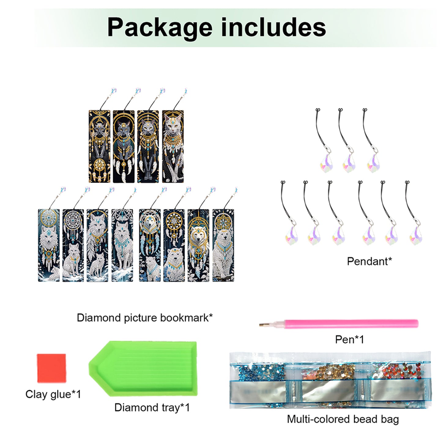 12Pcs Animals DIY Diamond Painting Bookmark with Crystal Pendant for Readers