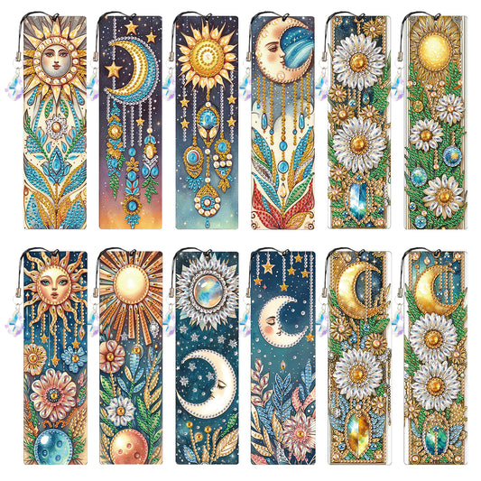 12Pcs Moon DIY Diamond Painting Bookmark with Crystal Pendant for Book Decor