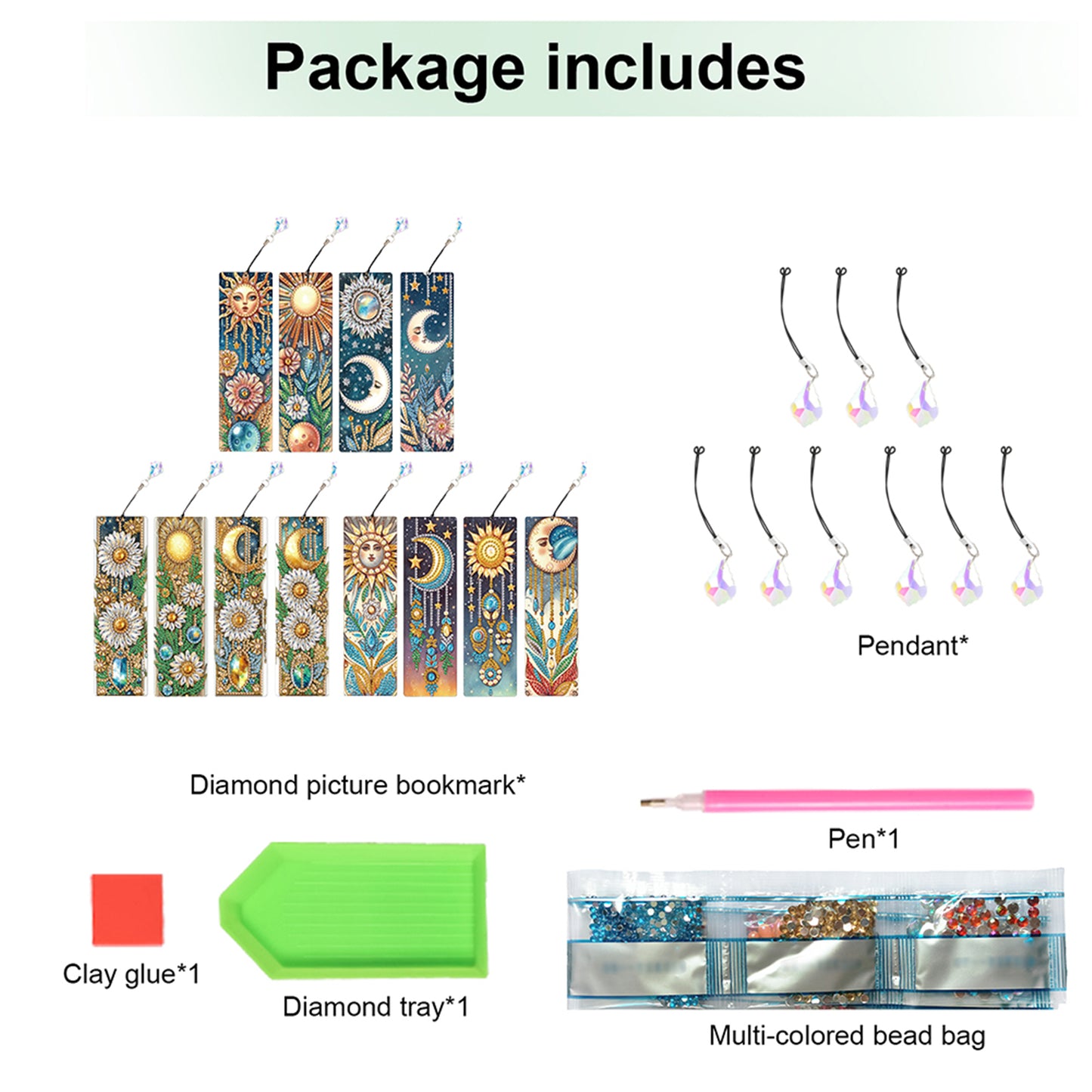 12Pcs Moon DIY Diamond Painting Bookmark with Crystal Pendant for Book Decor
