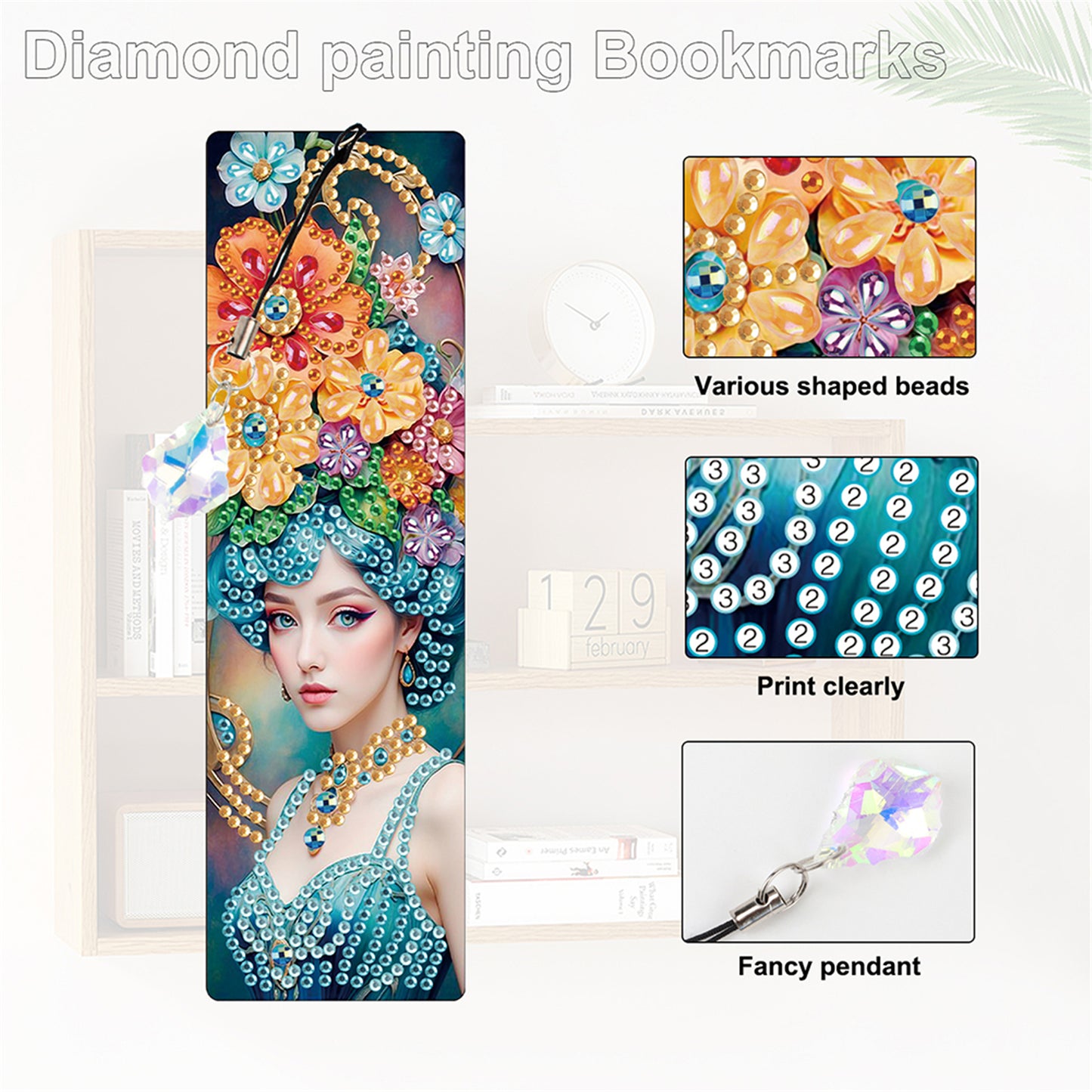 12Pcs Woman DIY Diamond Painting Bookmark with Crystal Pendant for Book Decor