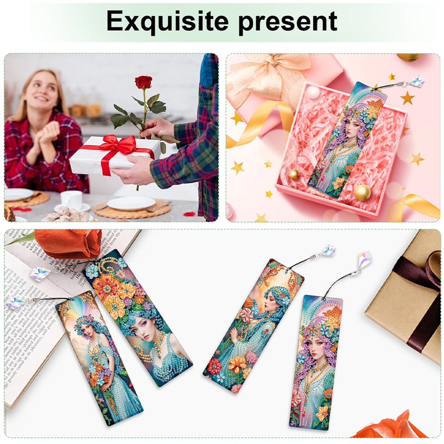 12Pcs Woman DIY Diamond Painting Bookmark with Crystal Pendant for Book Decor