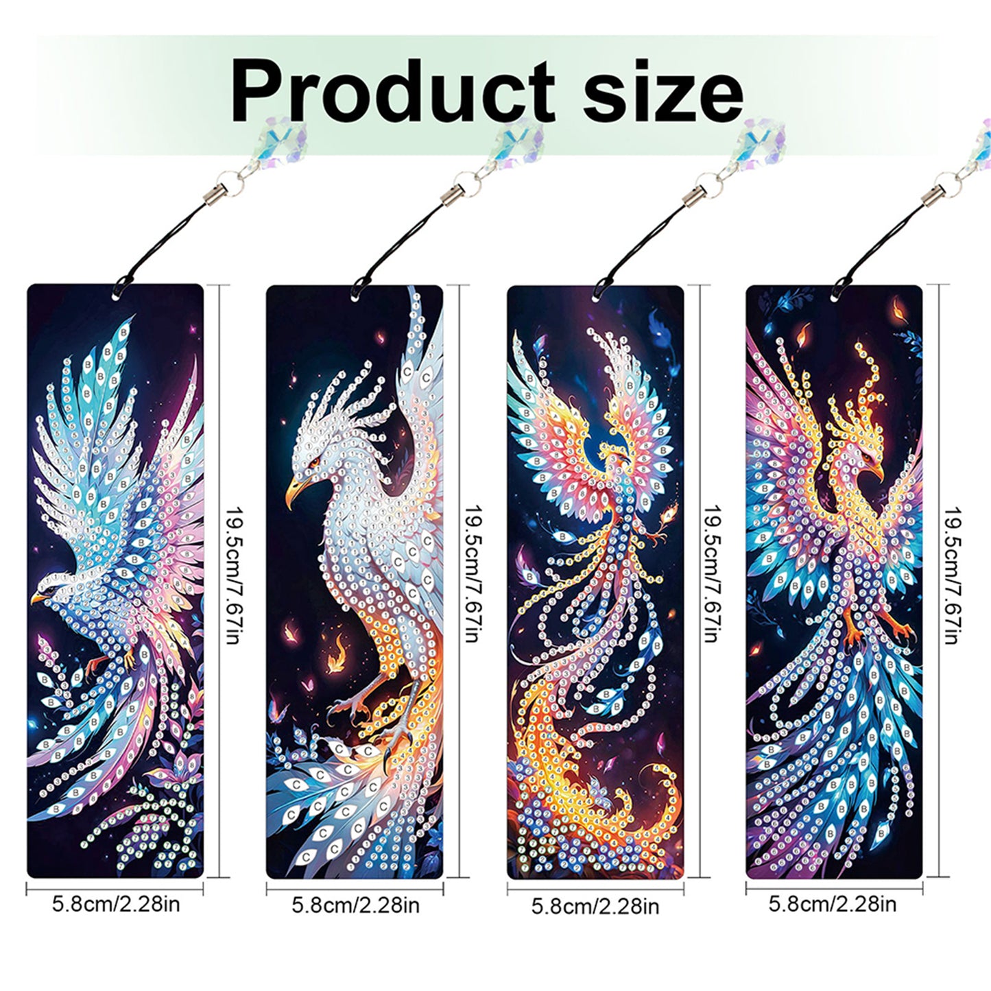12Pcs Phoenix DIY Diamond Painting Bookmark with Crystal Pendant for Readers