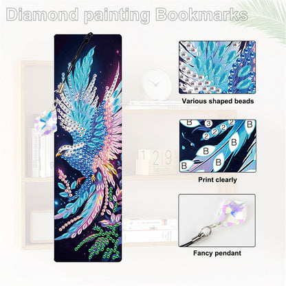 12Pcs Phoenix DIY Diamond Painting Bookmark with Crystal Pendant for Readers