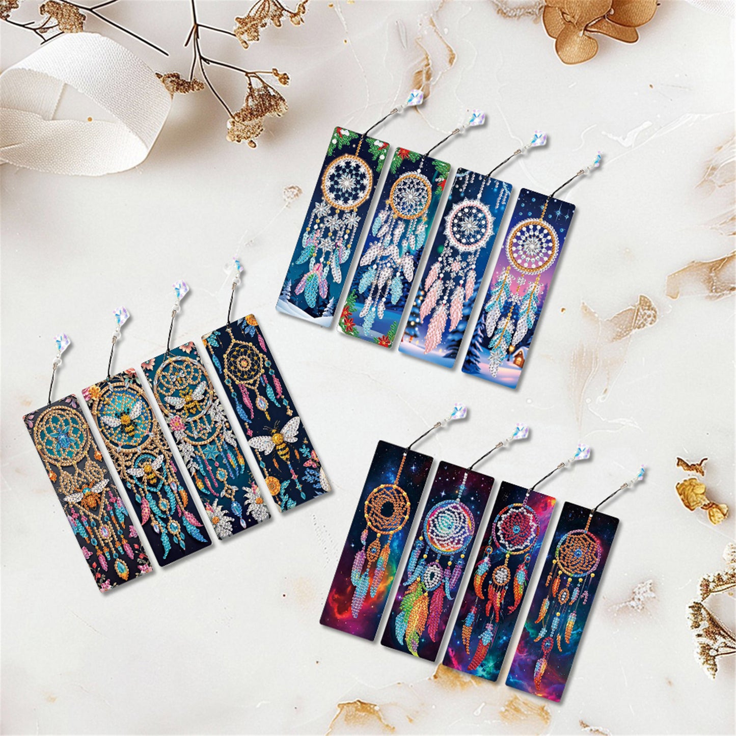 12Pcs Dreamcatcher DIY Diamond Painting Bookmark with Crystal Pendant Book Decor