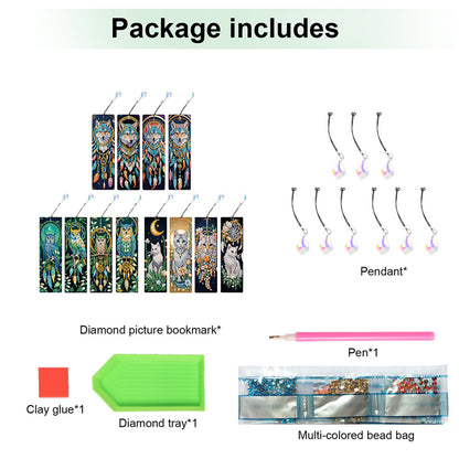 12Pcs Dreamcatcher Animals DIY Diamond Painting Bookmark with Crystal Pendant
