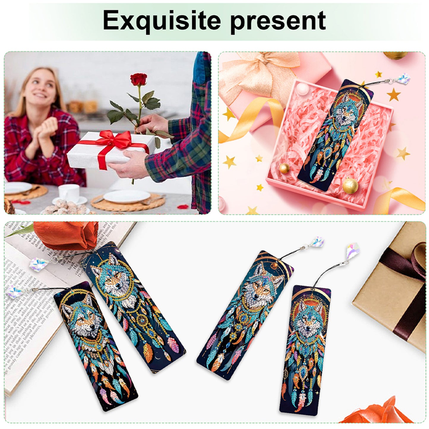 12Pcs Dreamcatcher Animals DIY Diamond Painting Bookmark with Crystal Pendant