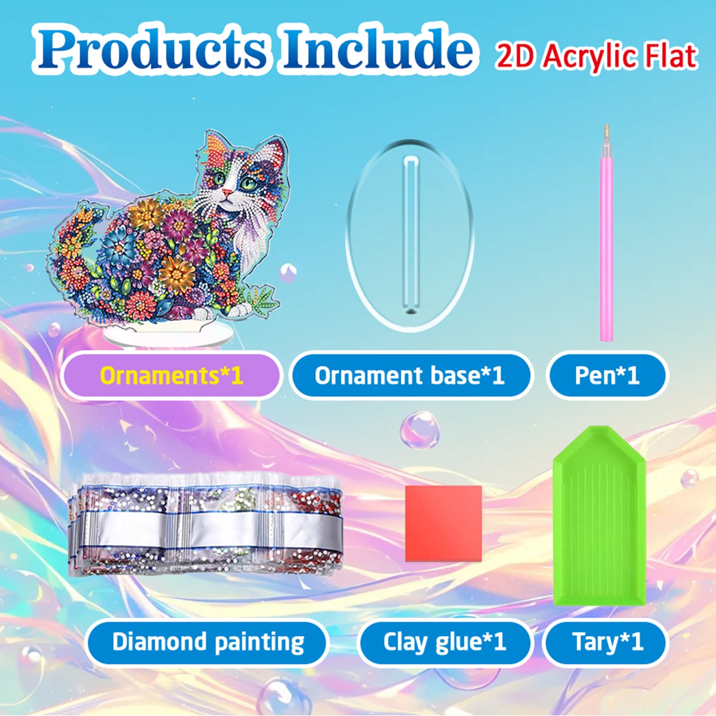 Cat DIY 2D Flat Acrylic Diamond Painting Tabletop Ornament for Home Decor Gift