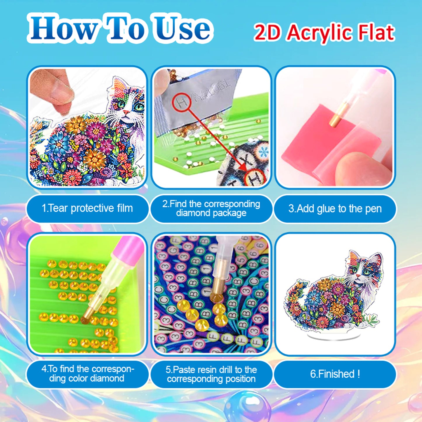 Cat DIY 2D Flat Acrylic Diamond Painting Tabletop Ornament for Home Decor Gift