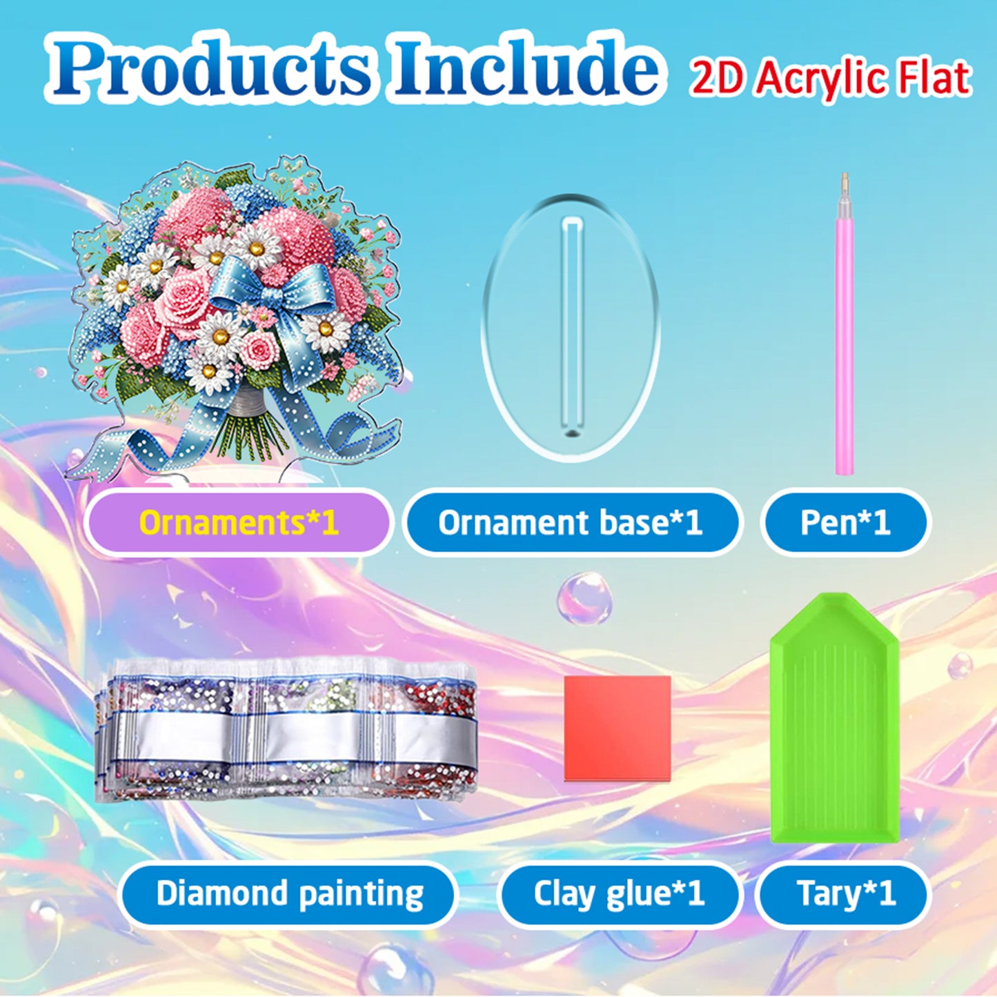 Blue Pink Flower DIY 2D Flat Acrylic Diamond Painting Home Tabletop Ornament Kit