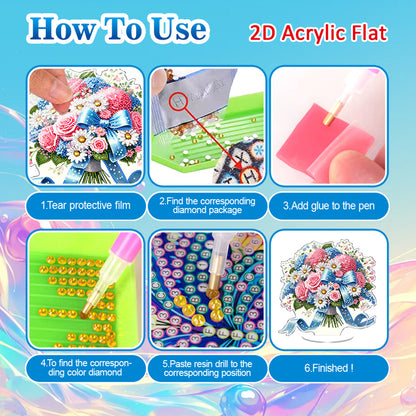 Blue Pink Flower DIY 2D Flat Acrylic Diamond Painting Home Tabletop Ornament Kit