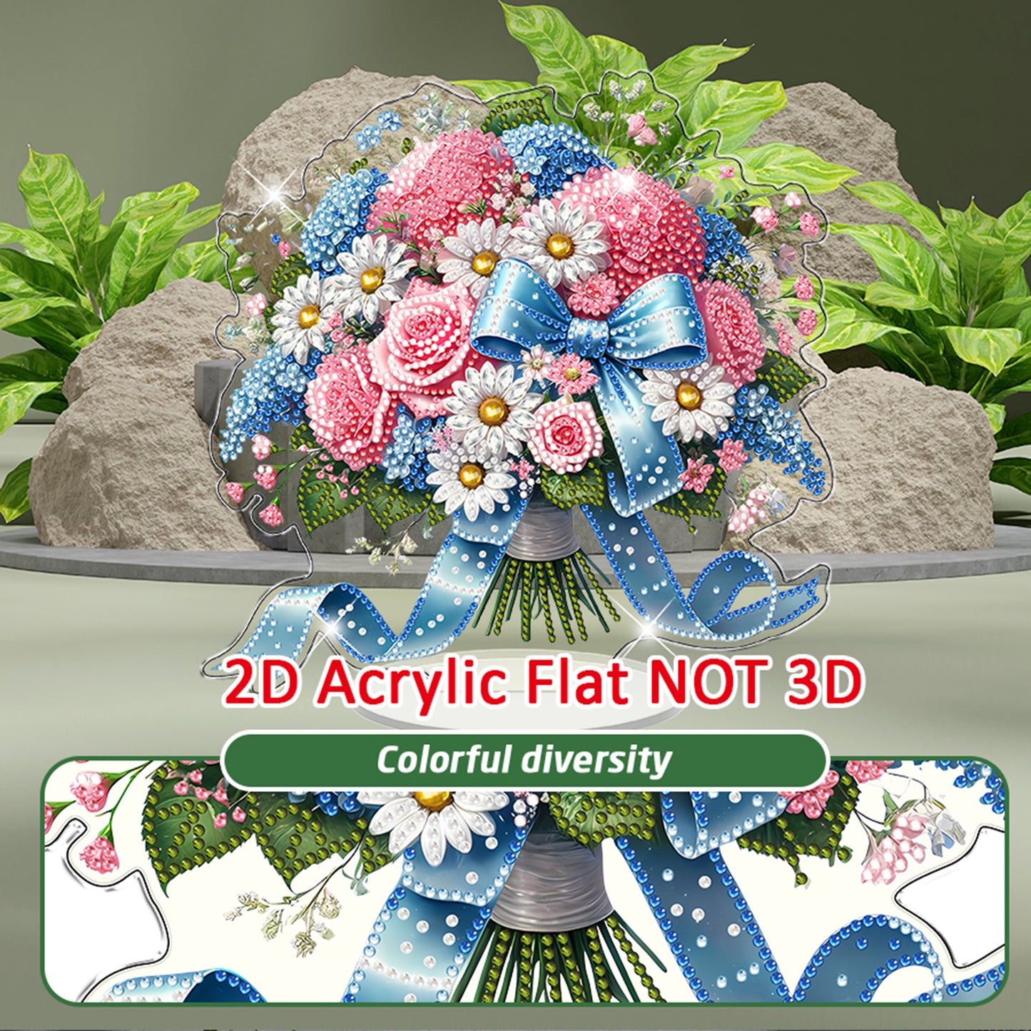 Blue Pink Flower DIY 2D Flat Acrylic Diamond Painting Home Tabletop Ornament Kit