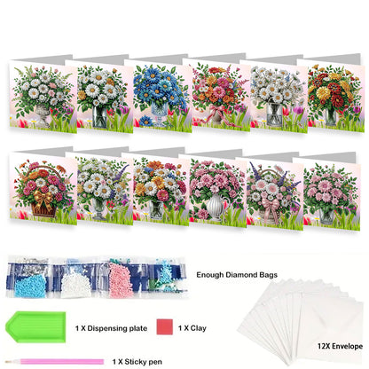 12 Packs Vase DIY Diamond Painting Greeting Card Kit for Adults Holiday Gifts