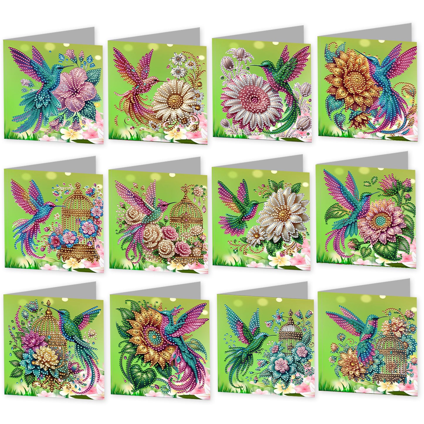12Pcs Hummingbird Flower DIY Diamond Painting Greeting Card Kit for Adults Gifts