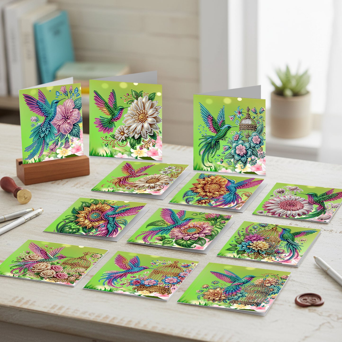 12Pcs Hummingbird Flower DIY Diamond Painting Greeting Card Kit for Adults Gifts