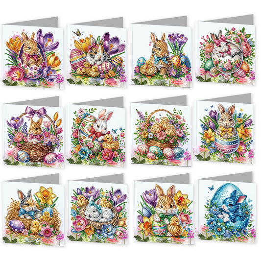 12 Packs Easter Egg Bunny DIY Diamond Painting Greeting Card Kit for Adults Gift