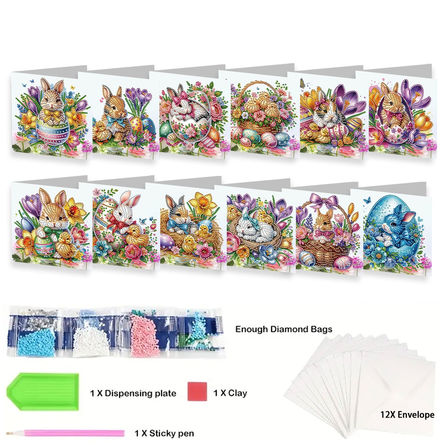 12 Packs Easter Egg Bunny DIY Diamond Painting Greeting Card Kit for Adults Gift