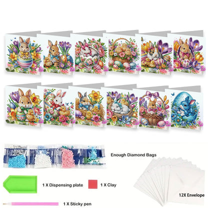 12 Packs Easter Egg Bunny DIY Diamond Painting Greeting Card Kit for Adults Gift