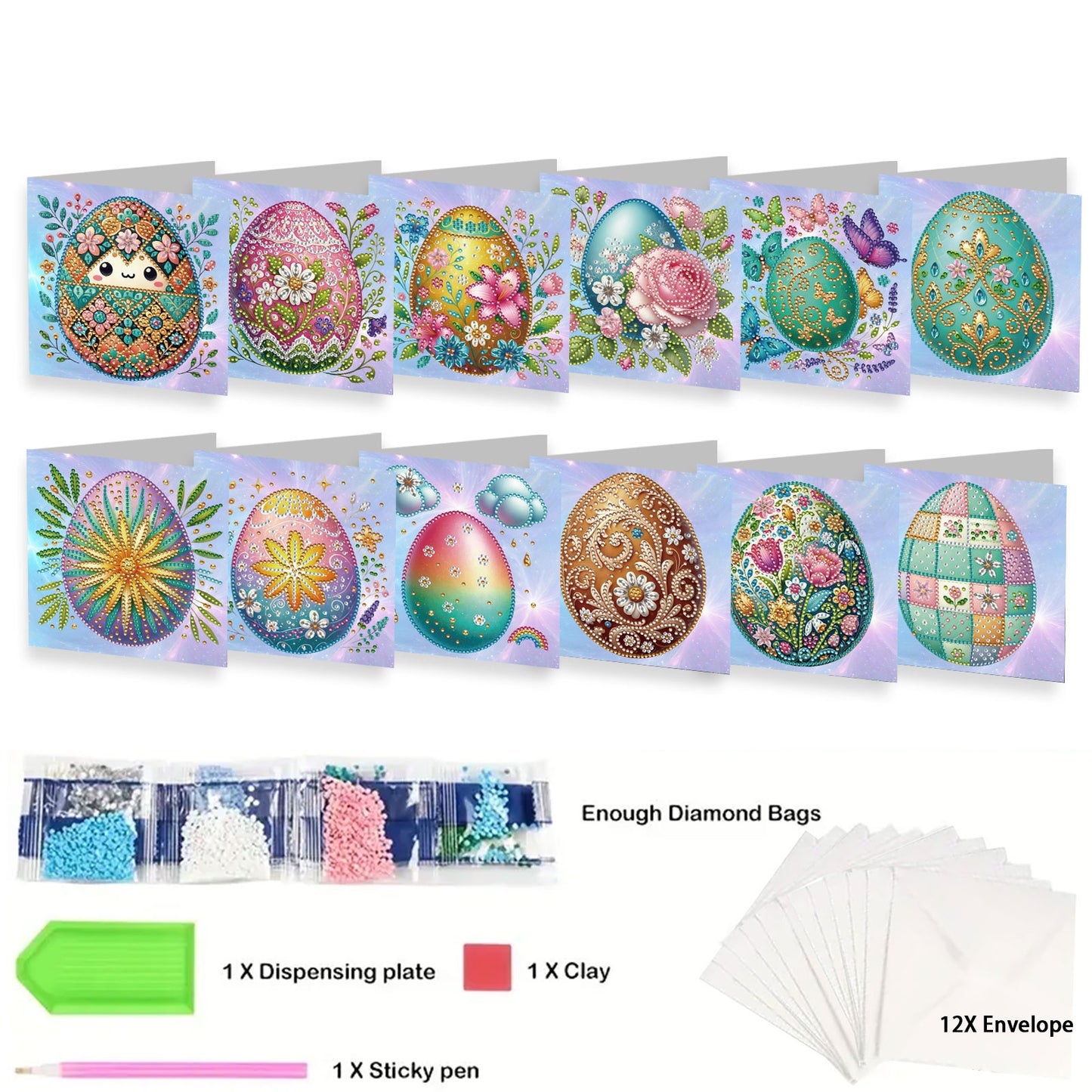 12 Packs Easter Egg DIY Diamond Painting Greeting Card Kit for Adults Gifts