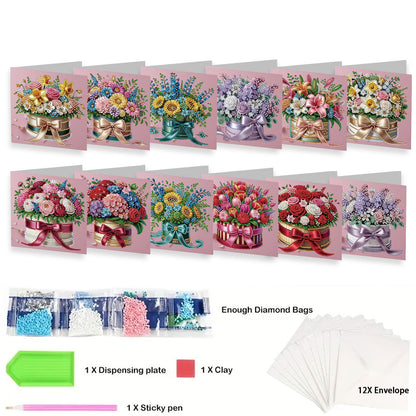12 Packs Flower Gift DIY Diamond Painting Greeting Card Kit for Adults Gifts
