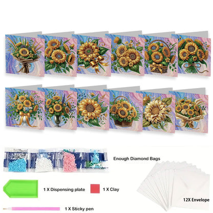 12 Packs Sunflower DIY Diamond Painting Greeting Card Kit for Adults Gifts