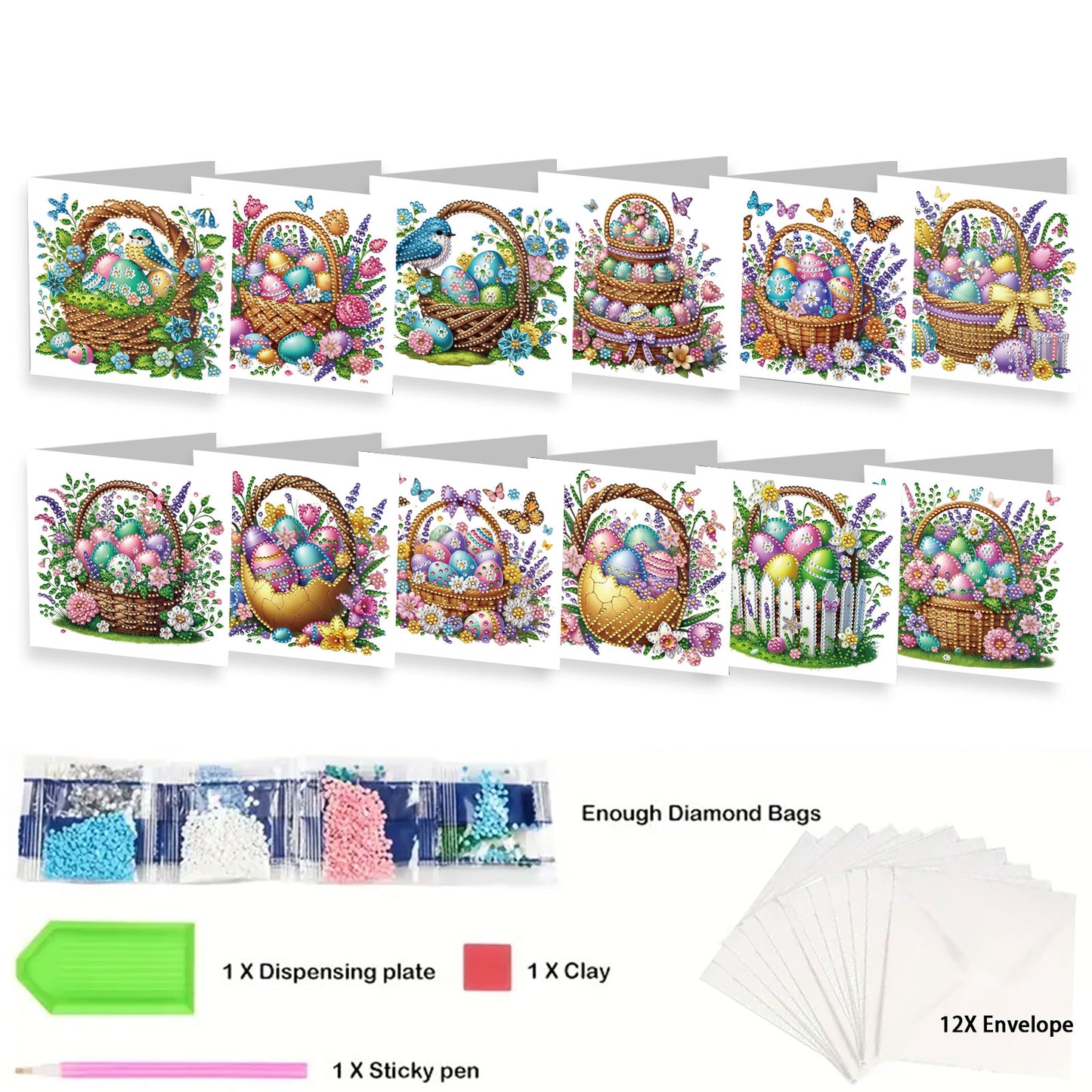 12 Packs Easter Egg Basket DIY Diamond Painting Greeting Card Kit for Adults