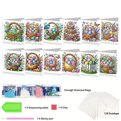 12 Packs Easter Egg Basket DIY Diamond Painting Greeting Card Kit for Adults