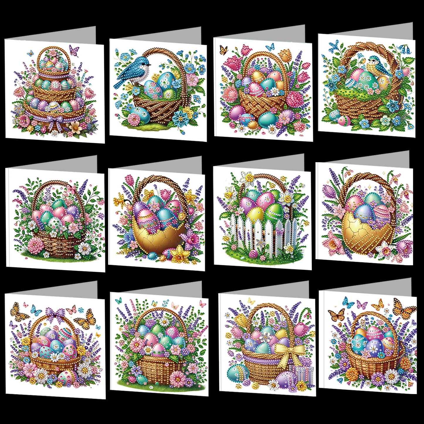 12 Packs Easter Egg Basket DIY Diamond Painting Greeting Card Kit for Adults