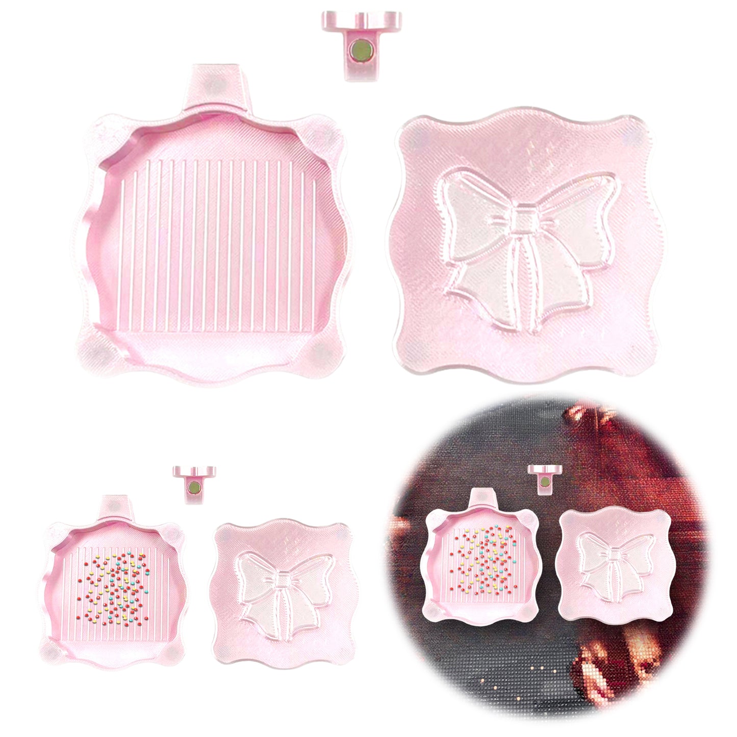 Bowknot DIY Diamond Art Painting Trays Kits with Lid for Adults Crafts (Pink)