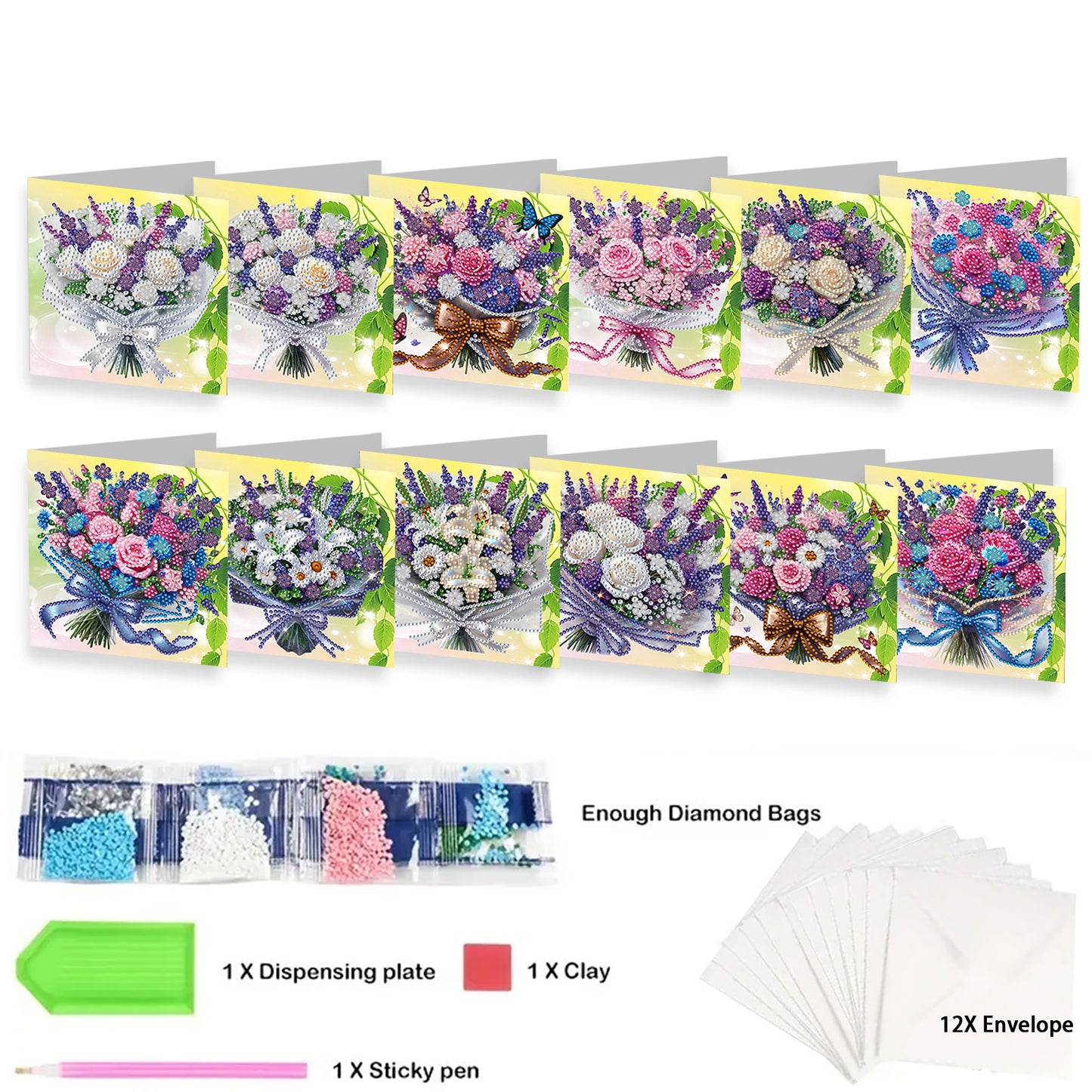 12Pcs Bouquet DIY Diamond Painting Greeting Card Kit for Adults Holiday Gifts