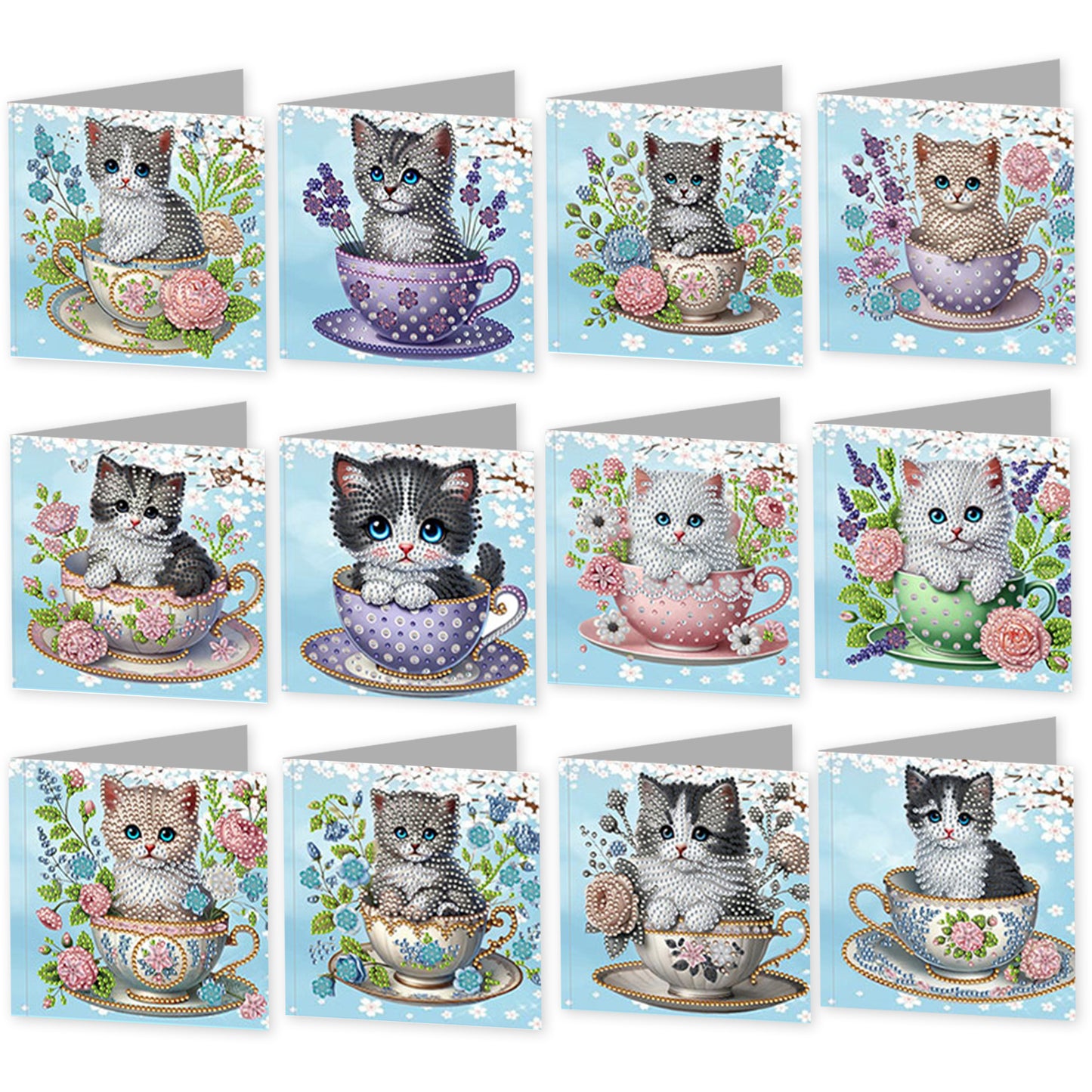 12Pcs Teacup Cat DIY Diamond Painting Greeting Card Kit for Adults Gifts