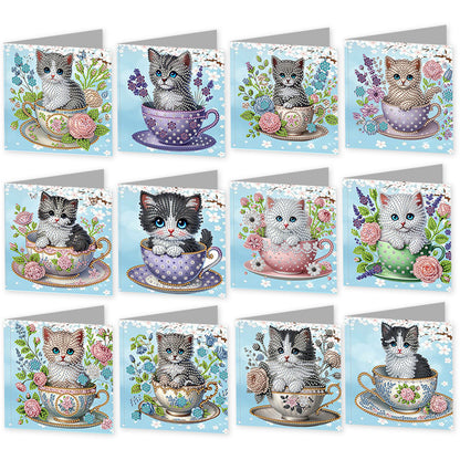 12Pcs Teacup Cat DIY Diamond Painting Greeting Card Kit for Adults Gifts