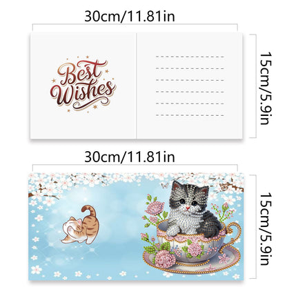 12Pcs Teacup Cat DIY Diamond Painting Greeting Card Kit for Adults Gifts
