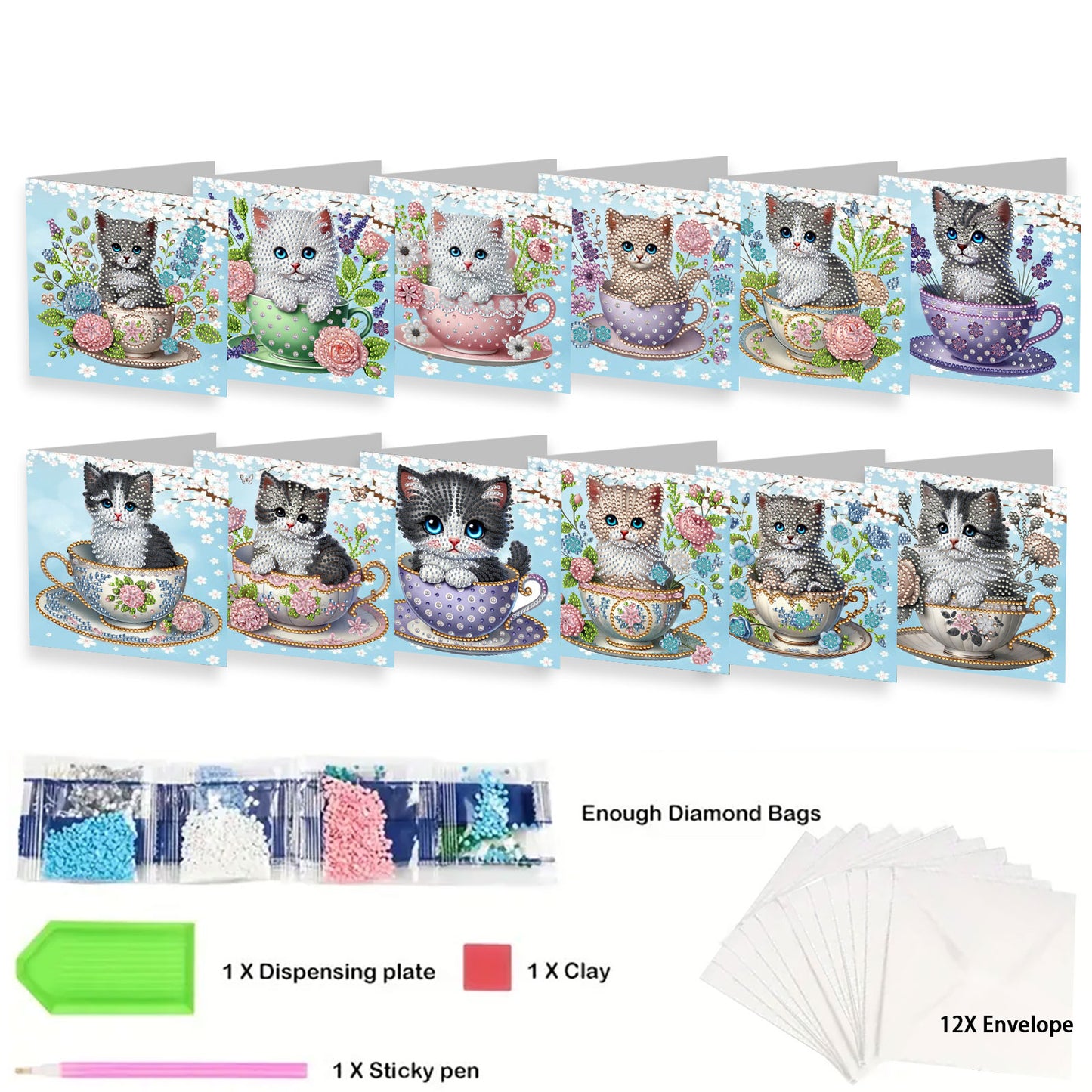 12Pcs Teacup Cat DIY Diamond Painting Greeting Card Kit for Adults Gifts