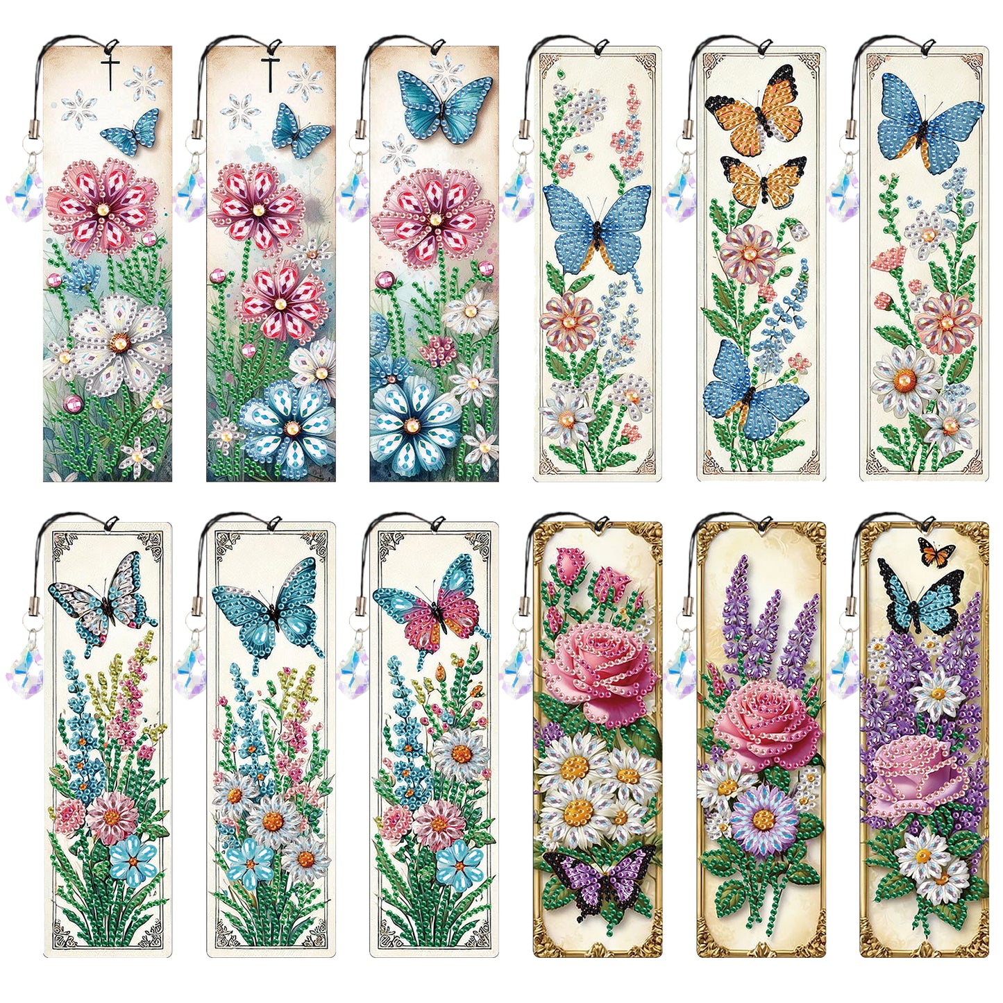 12Pcs Butterfly Flowers DIY Diamond Painting Bookmark for Adults Book Lovers