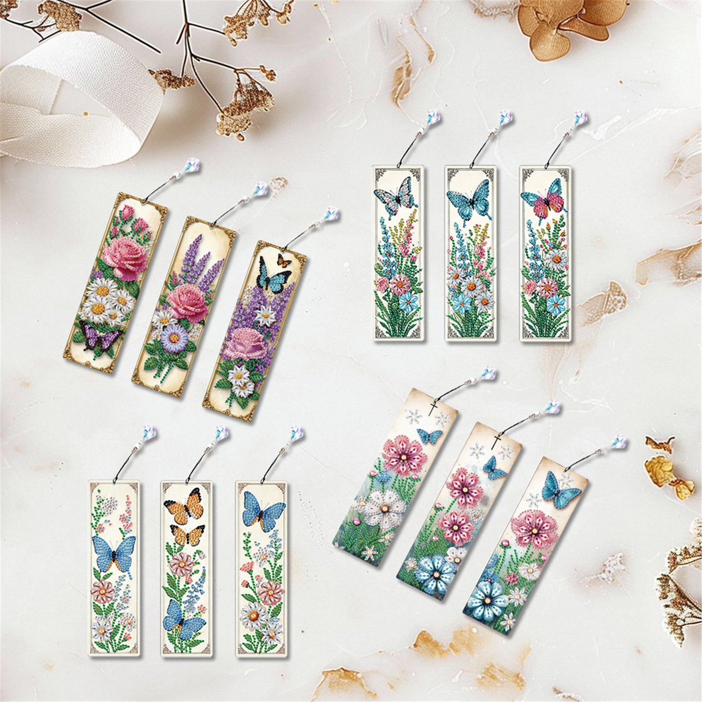 12Pcs Butterfly Flowers DIY Diamond Painting Bookmark for Adults Book Lovers