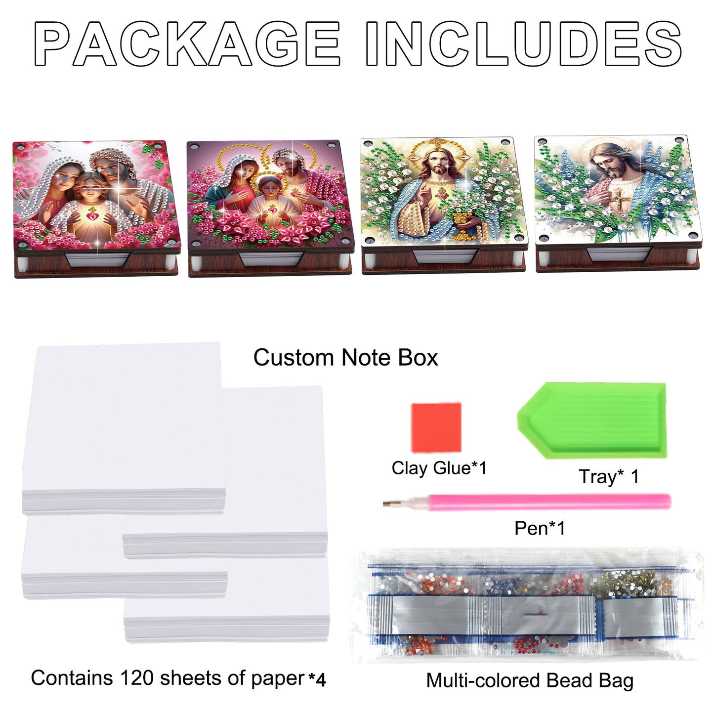 4pcs Wooden DIY Mother Jesus Diamond Painting Kit Note Box with 480 Papers Gifts