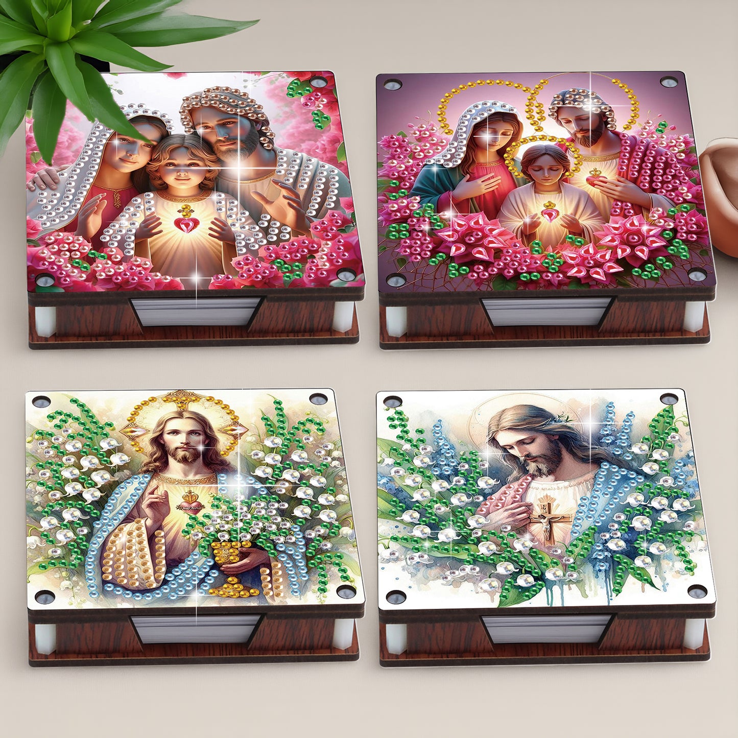 4pcs Wooden DIY Mother Jesus Diamond Painting Kit Note Box with 480 Papers Gifts