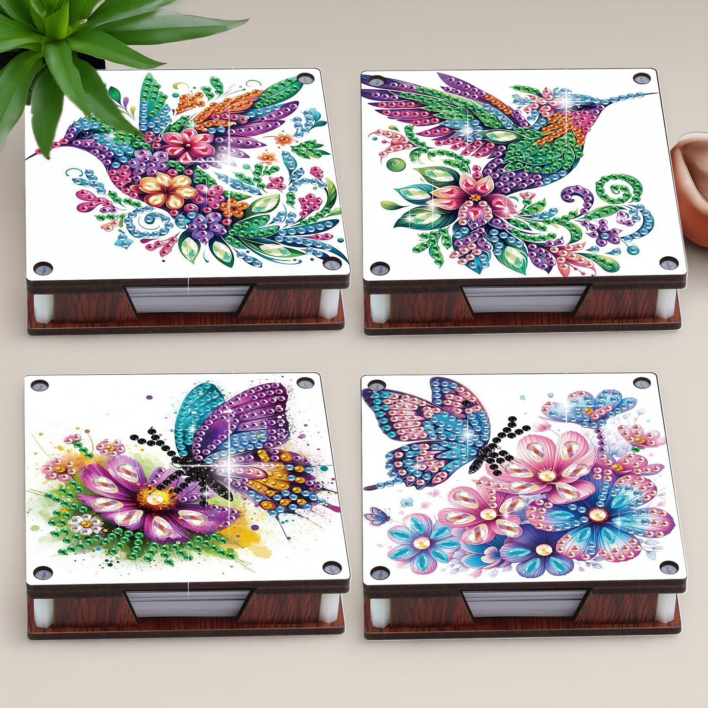 4pcs Wooden DIY Hummingbird Butterfly Diamond Painting Kit Note Box for Office