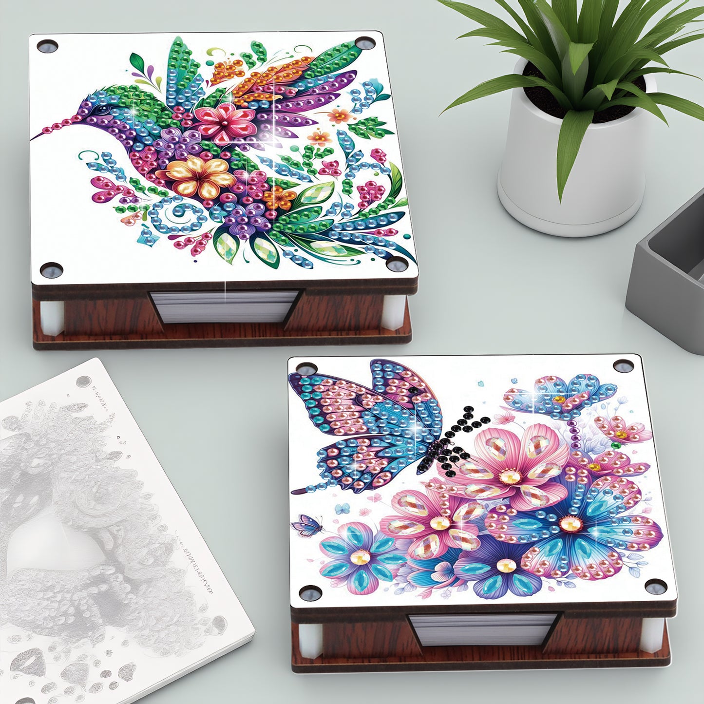 4pcs Wooden DIY Hummingbird Butterfly Diamond Painting Kit Note Box for Office
