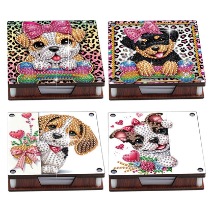 4pcs Wooden DIY Cute Dog Diamond Painting Kit Note Box with 480 Papers Gifts