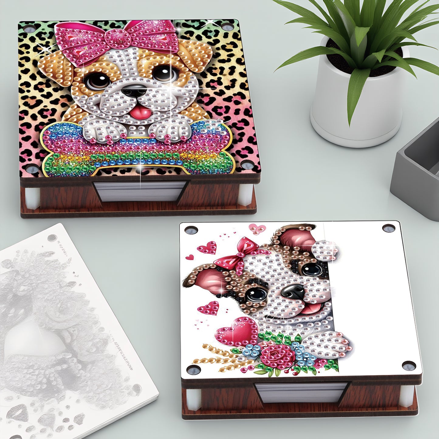 4pcs Wooden DIY Cute Dog Diamond Painting Kit Note Box with 480 Papers Gifts