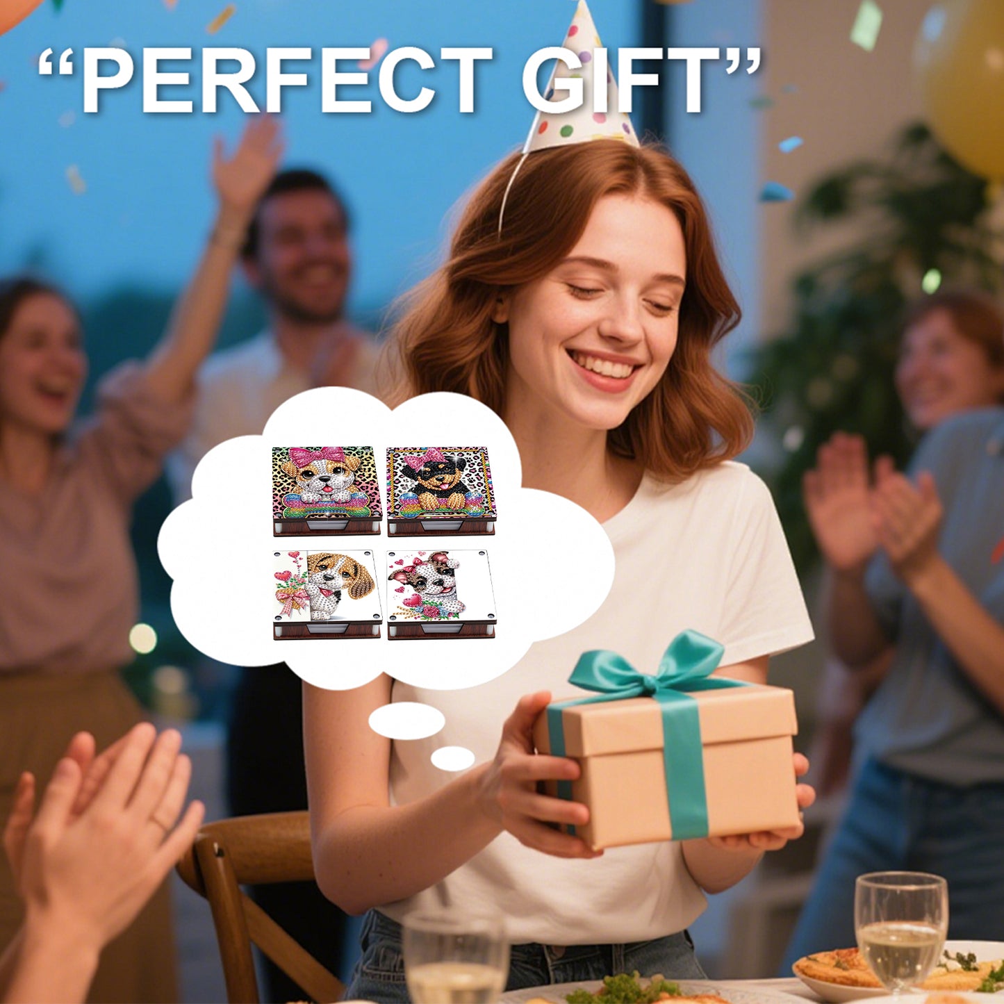 4pcs Wooden DIY Cute Dog Diamond Painting Kit Note Box with 480 Papers Gifts