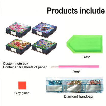 4pcs Flower Butterfly 1 PU DIY Diamond Painting Kit Note Box with 640 Papers