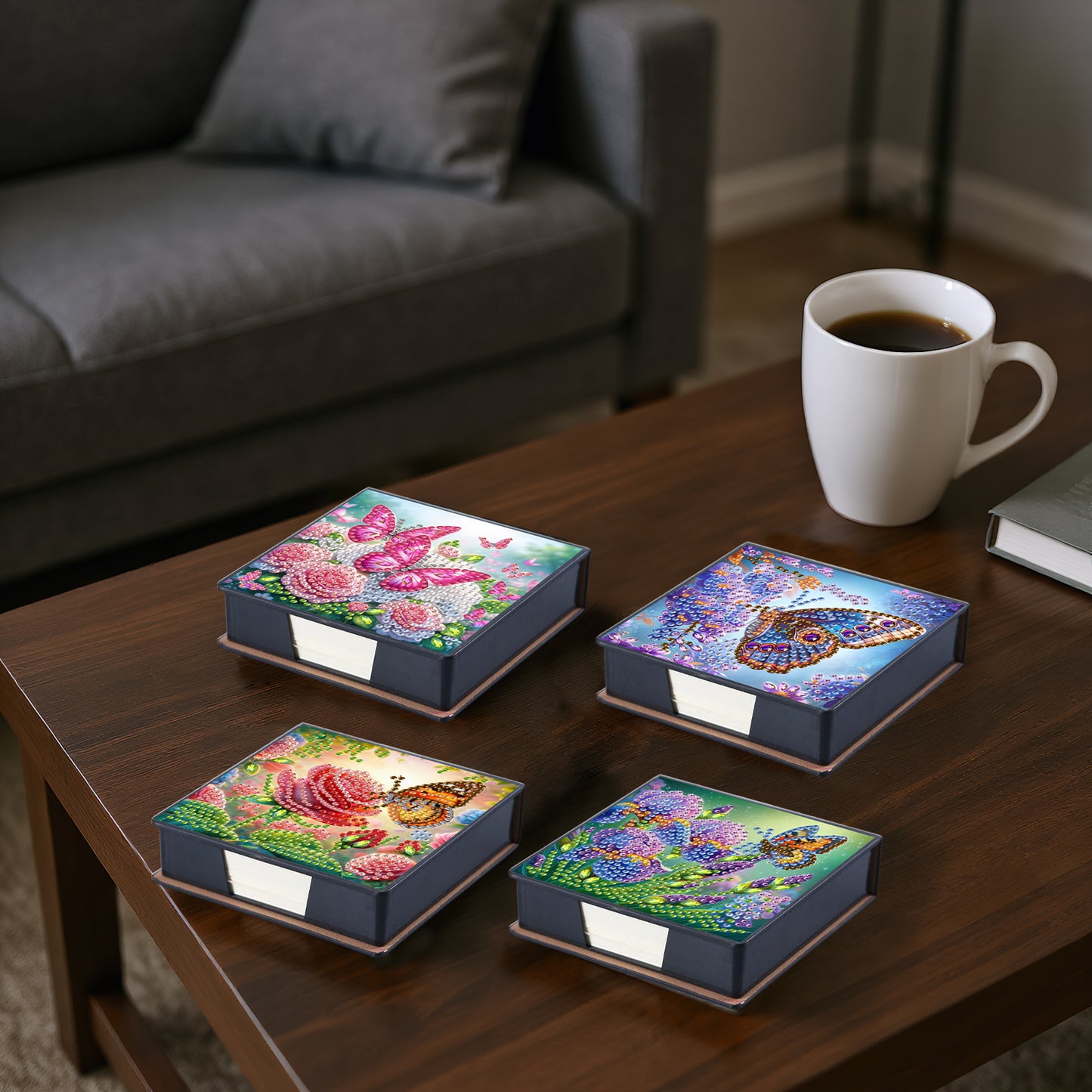 4pcs Flower Butterfly 1 PU DIY Diamond Painting Kit Note Box with 640 Papers